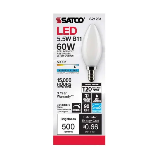 6Pk - Satco 5.5w B11 LED 5000K Candelabra Base Frosted Dimmable - 60w equiv Natural Light {5}