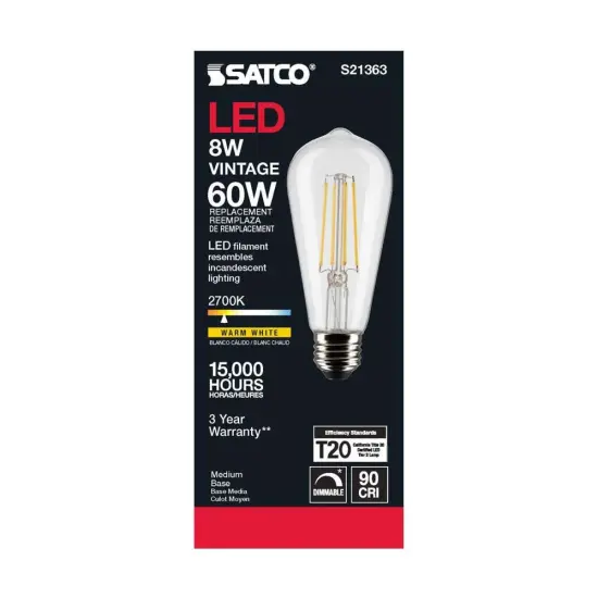 6Pk - Satco 8w ST19 LED 2700K Medium Base Dimmable - 60w equiv Warm White {6}