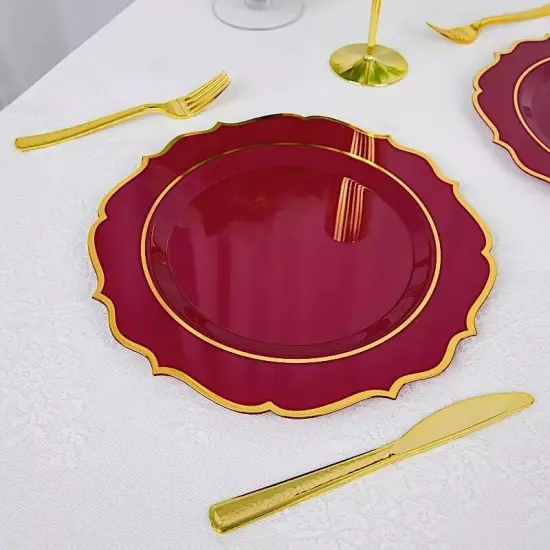 10 BURGUNDY 10.5" Round Plastic Dinner Plates GOLD Scalloped Rim {2}