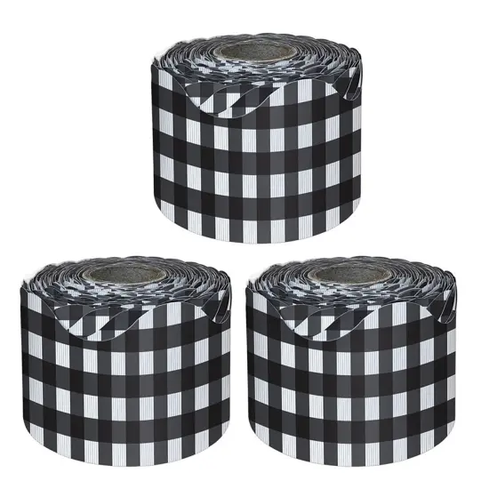 Black Gingham Rolled Scalloped Borders, 65 Feet Per Roll, Pack of 3 {1}