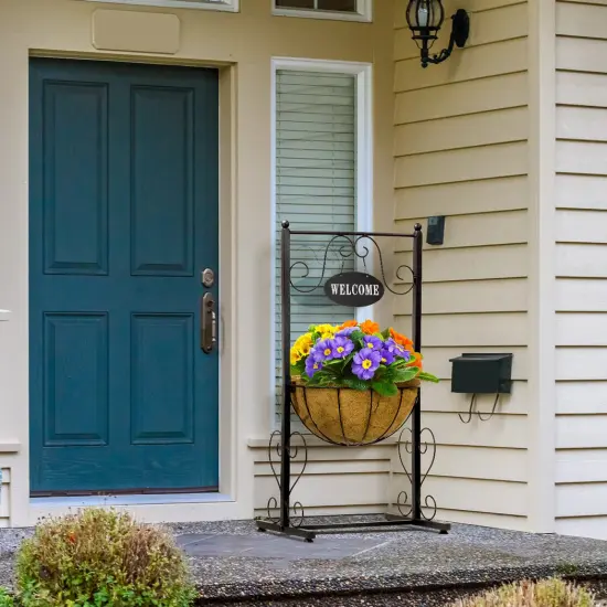 Sorbus Welcome Planter Basket Stand with Coco Liner, Stylish Flower, Plant, and Outdoor decor for Home, Garden, Patio, Deck, Black Metal {3}