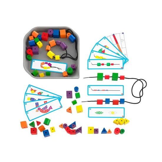 FunPlay Attribute Beads - 72 Wooden Lacing Beads + 2 Laces + 40 Activities + Messy Tray {5}