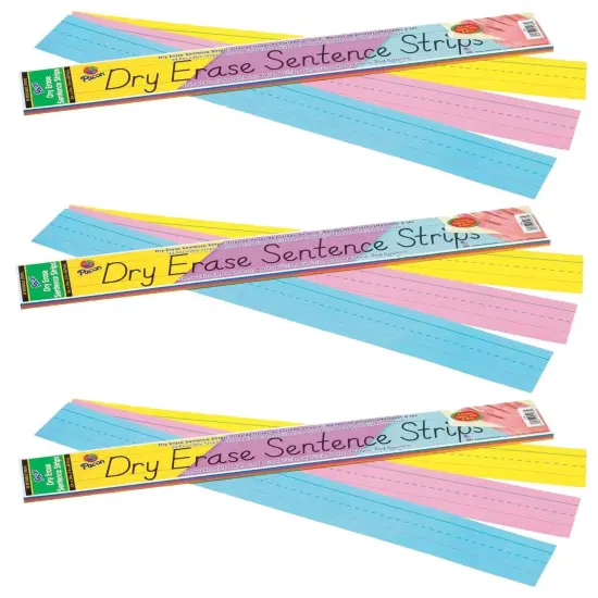 Dry Erase Sentence Strips, 3 Assorted Colors, 1-1/2" X 3/4" Ruled, 3" x 24", 30 Per Pack, 3 Packs {1}
