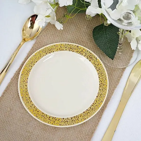 10 pcs Plastic IVORY with Gold Rim 10" PLATES Disposable {2}