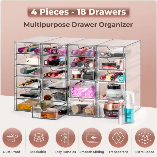 Sorbus 22 Drawers Acrylic Organizer for Makeup, Organization and Storage, Art Supplies, Jewelry, Stationary - 4 Pcs Clear Stackable Storage Drawers {5}