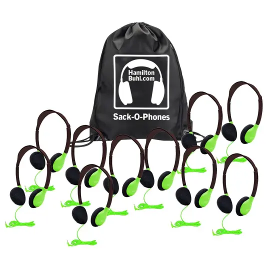 Sack-O-Phones, 10 Personal Headphones in a Carry Bag, Green {1}