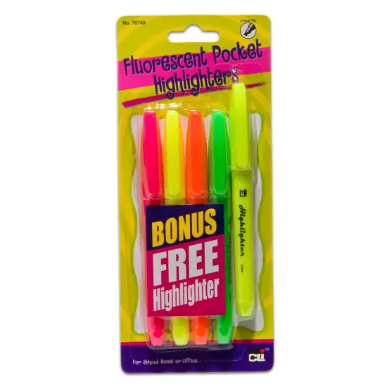 Fluorescent Pocket Highlighters, Assorted Colors, 5 Per Pack, 12 Packs {2}