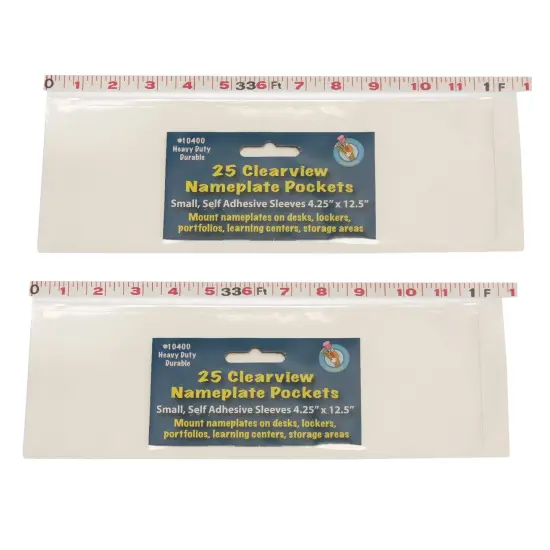 Clear View Self-Adhesive Small Name Plate Pocket, 4-1/4" x 12-1/2", 25 Per Pack, 2 Packs {1}