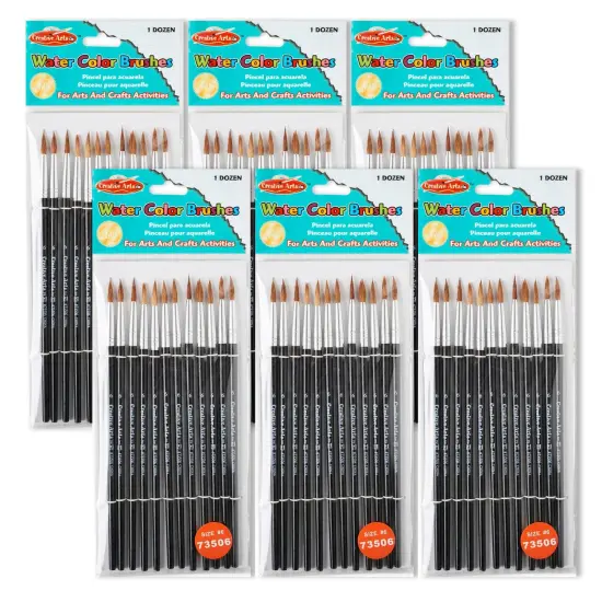 Water Color Paint Brushes with Round Pointed Tip, # 6, 11/16", Camel Hair, Black Handle, 12 Per Pack, 6 Packs {1}