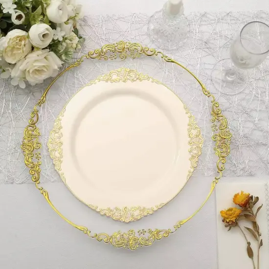 10 IVORY GOLD 10" Round Plastic Salad Dinner PLATES {3}