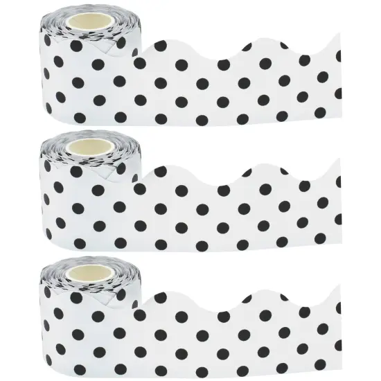 Black Polka Dots on White Scalloped Rolled Border Trim, 50 Feet Per Roll, Pack of 3 {1}