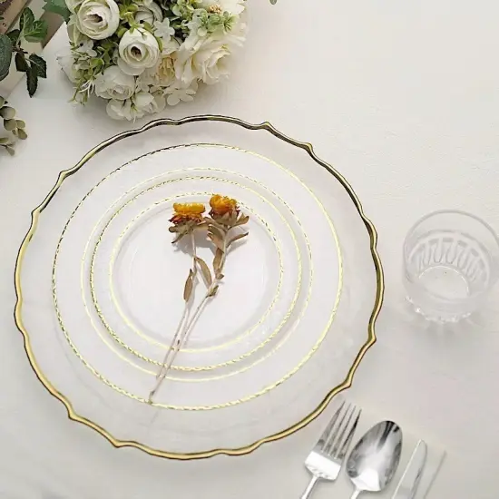 30 CLEAR 7.5" Round Salad PLATES Hammered GOLD Trim {2}