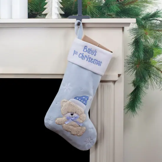 Northlight Baby's 1st Christmas Embroidered Teddy Bear Stocking - 19" - Blue and White {1}