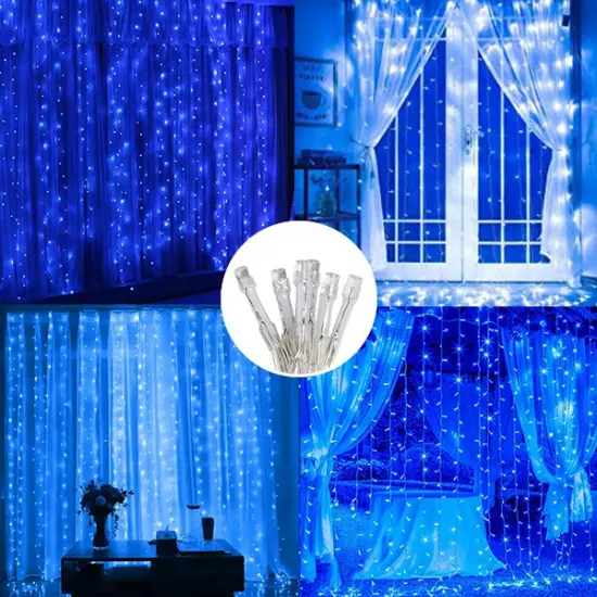 Perfect Holiday 300 LED Curtain String Lights Plug In - 8 Light Modes Blue {4}