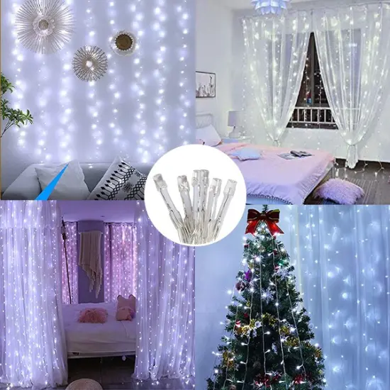 Perfect Holiday 300 LED Curtain String Lights Plug In - 8 Light Modes White {8}