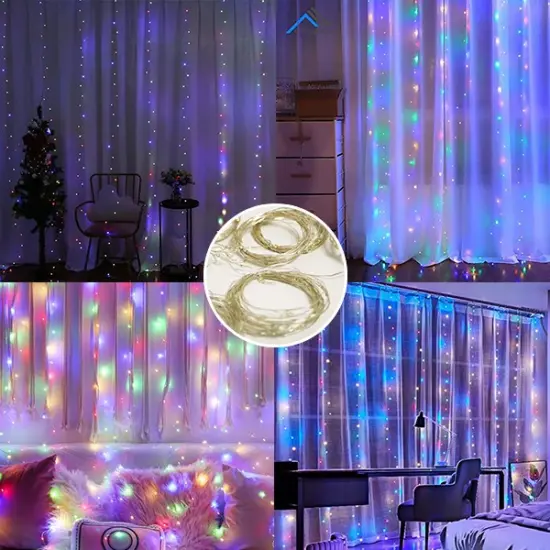 Perfect Holiday 300 LED Curtain Lights Plug In With 8 Light Modes - Copper Wire Multicolor {4}