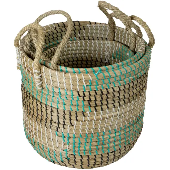Northlight Natural Woven Seagrass Basket - Teal, Black and White - Set of 3 Beige {3}