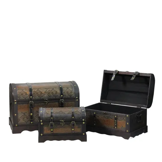 Northlight Set of 3 Decorative Antique Brown Wood and Faux Snakeskin Storage Boxes 22.5" {1}