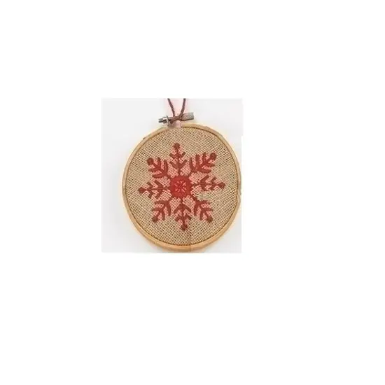 Roman 4.5" Tan and Red Embroidered Snowflake in Hoop Loom Christmas Ornament {1}