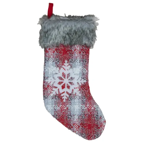 Northlight 18-Inch Red and White Plaid Faux Fur Christmas Stocking with Snowflake {1}