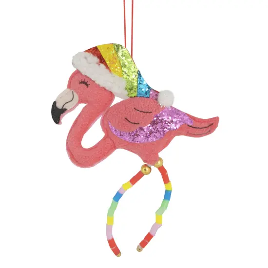 Northlight 7.5" Pink Plush Flamingo with Rainbow Santa Hat Christmas Ornament {1}