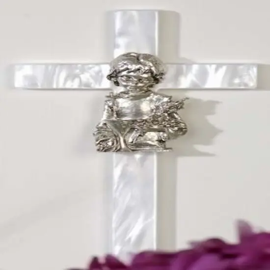 Roman 7.25" White and Silver Girl's Mother of Pearl First Communion Wall Cross {1}