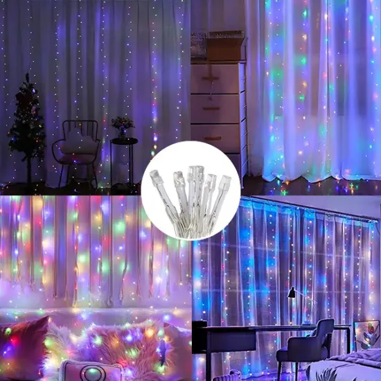 Perfect Holiday 300 LED Curtain String Lights Plug In - 8 Light Modes Multicolor {4}
