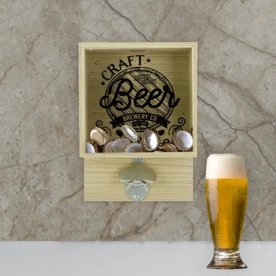 Koopman International 10.25" Wood and Glass 'Craft Beer Brewery Co' Bottle Opener with Storage Box Brown {3}