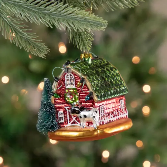 Northlight 3.5&rdquo; Red and Green Dairy Barn with Christmas Lights Glass Ornament {3}