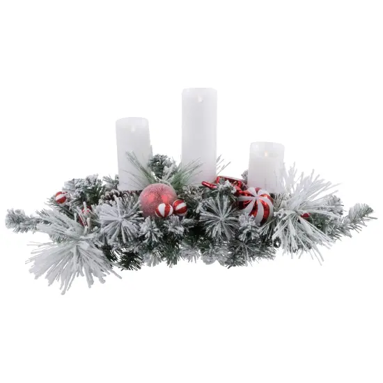 Northlight Triple Candle Holder with Flocked Pine and Christmas Ornaments - 32" - Red and White {1}