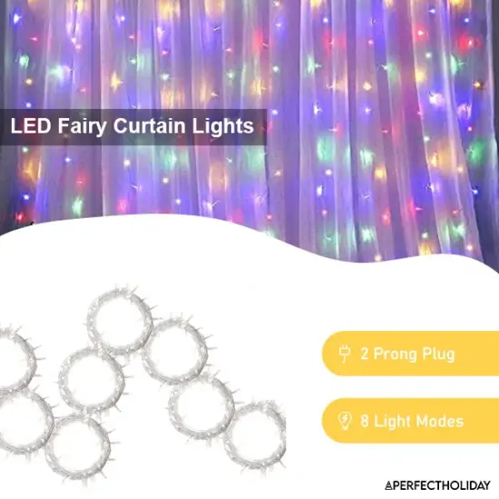 Perfect Holiday 300 LED Curtain String Lights Plug In - 8 Light Modes Multicolor {2}