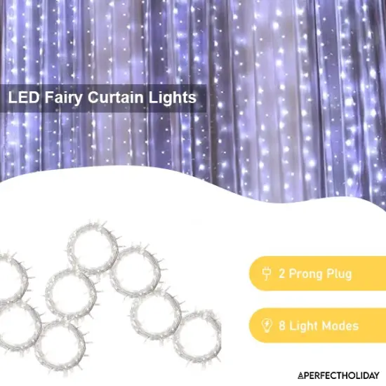 Perfect Holiday 200 LED Curtain String Lights Plug In - 8 Light Modes White {2}
