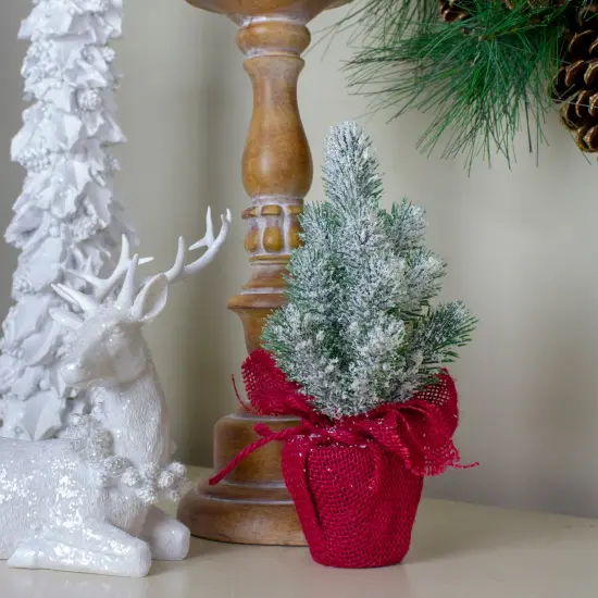 Northlight Flocked Mini Pine Christmas Tree in Burlap Base - 9" - Red and White - Unlit {3}