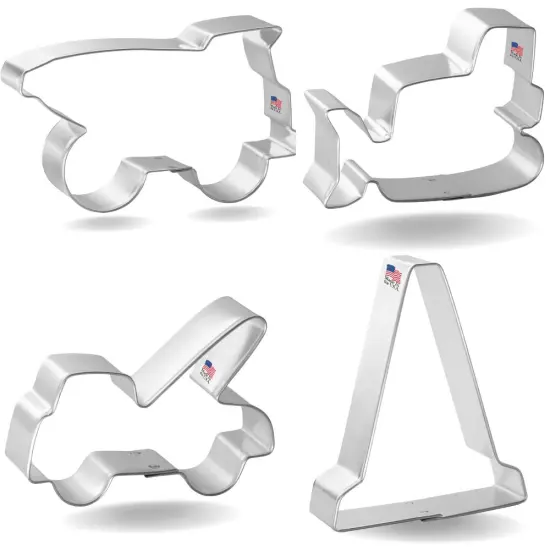 CookieCutter.com Construction 4 Piece Cookie Cutters Set, Bulldozer, Dump Truck, Tow Truck, Traffic Cone, Tin Plate Steel, USA {3}