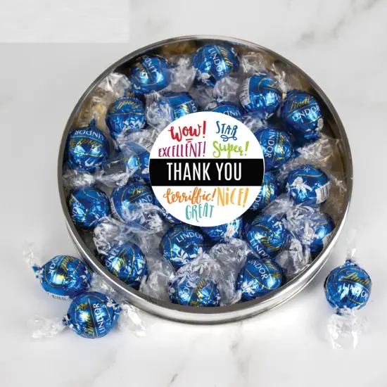 Thank You Candy Gift Tin with Dark Chocolate Lindor Truffles by Lindt Large Plastic Tin with Sticker - By Just Candy {1}