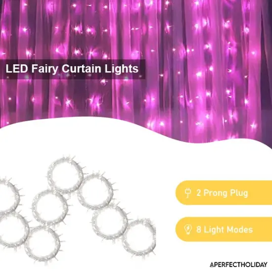 Perfect Holiday 300 LED Curtain String Lights Plug In - 8 Light Modes Pink {6}