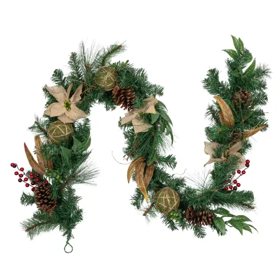 Northlight Pine with Burlap Poinsettias and Jute Ornaments Christmas Garland - 6' x 10" - Unlit Green {1}