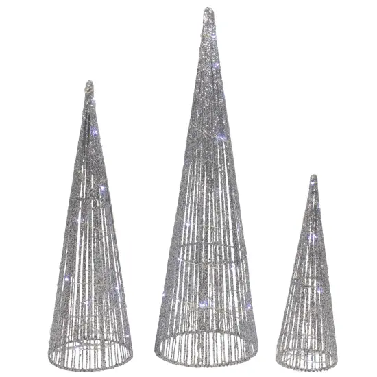 Northlight LED Lighted Glittered Outdoor Christmas Cone Tree - 23.5" - Silver - Set of 3 {1}