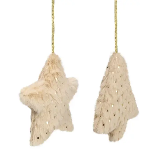 Northlight Sequin Faux Fur Star and Christmas Tree Ornaments - 4.25" - Beige - Set of 2 {3}