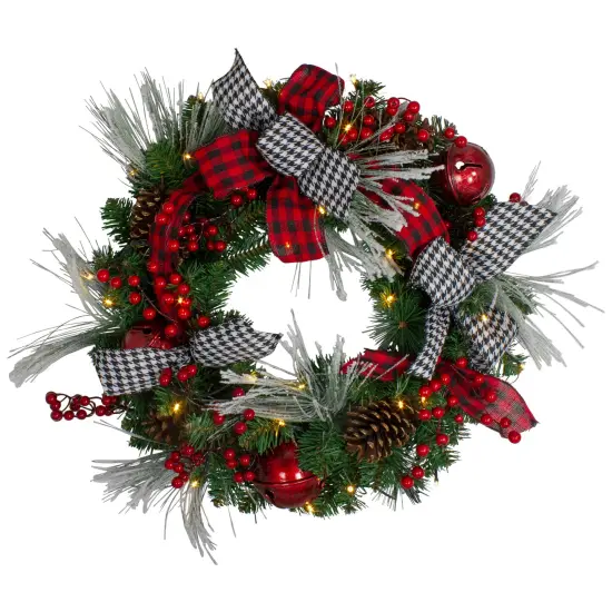 Northlight Pre-Lit Plaid and Houndstooth Artificial Christmas Wreath - 24" - Warm White Lights Green {3}