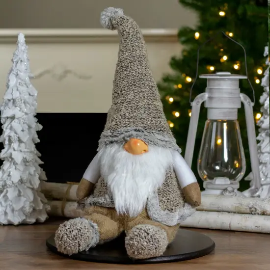 Northlight Sitting Plush Faux Fur Gnome Christmas Figure - 17" - Gray and Beige {3}