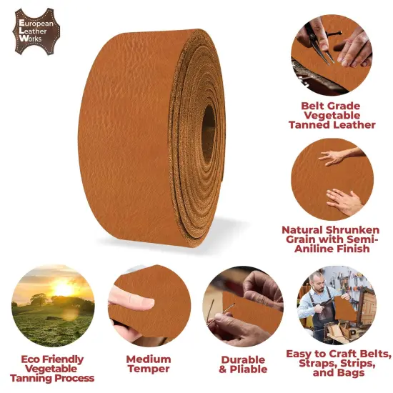 European Leather Work 5-6 oz. (2-2.4mm) Vegetable Tanned Leather Belt Blanks Shrunken Grain Cowhide Leather Straps/Strips for DIY, Tooling, Engraving, Carving {3}