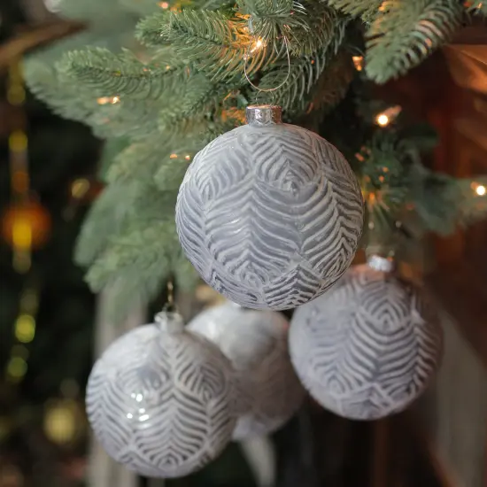Northlight Embossed Leaves Glass Christmas Ball Ornaments - 4" (100mm) - Gray - 4ct {3}
