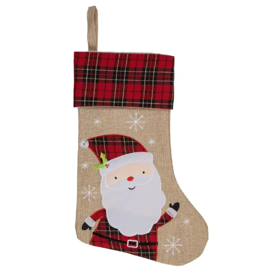 Northlight 19" Burlap Plaid Whimsical Santa Waiving Christmas Stocking Beige {1}