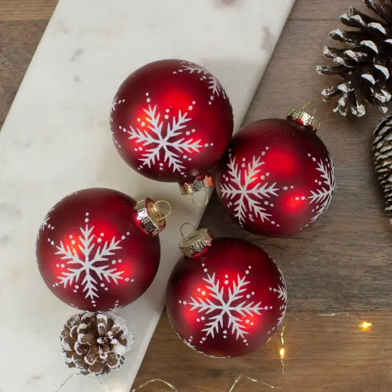 Northlight Glittered Snowflakes Matte Finish Glass Ball Christmas Ornaments - 3" (75mm) - Red - 4ct {3}