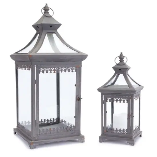 Melrose Set of 2 Brocade Bourgeoisie Weathered Metal and Glass Pillar Candle Holder Lanterns 29" Gray {1}