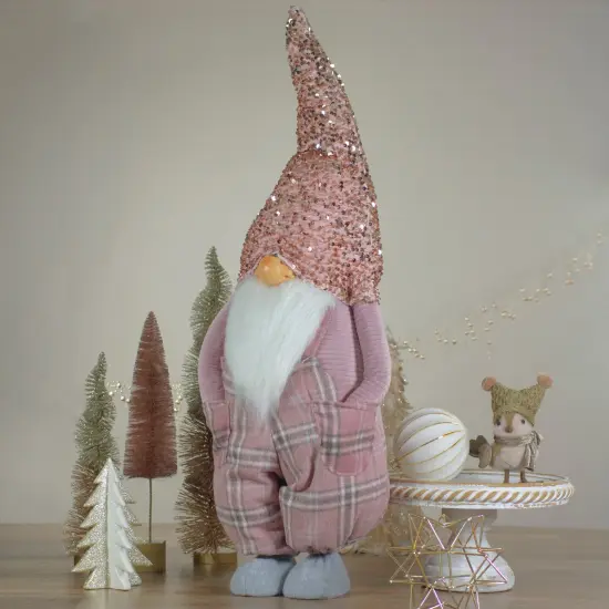 Northlight Tall Christmas Gnome Figure with Plaid Overalls Sequin Hat - 30" - Pink and Gray {3}