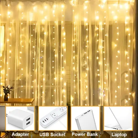 Perfect Holiday 300 LED USB Fairy Curtain Light With Remote - 8 Light Modes Warm white {3}