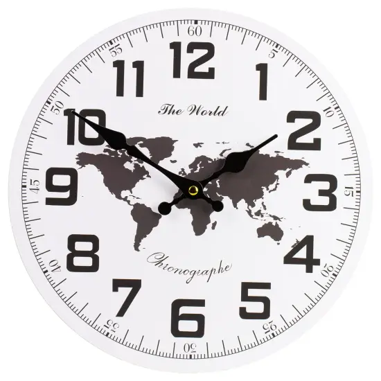 Northlight 12" White and Black Battery Operated Round Wall Clock with Continent Design {1}