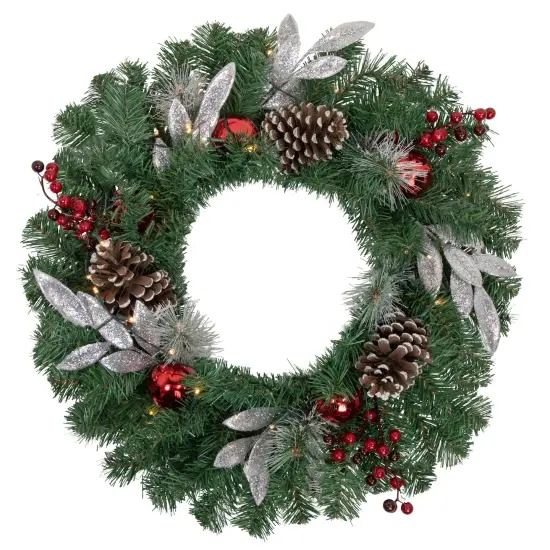 Northlight Pre-Lit Battery Operated Frosted Pine Cone and Berries Christmas Wreath - 24" - White LED Lights Green {1}